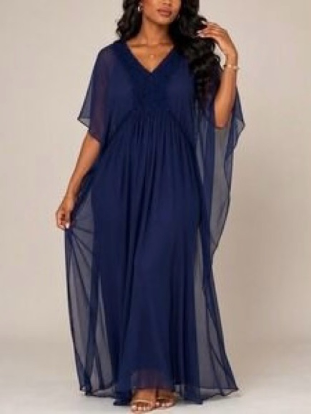 Sundance Silk Navy Blue Lace V-Neck Kaftan Maxi Dress Sheer Butterfly Sleeve